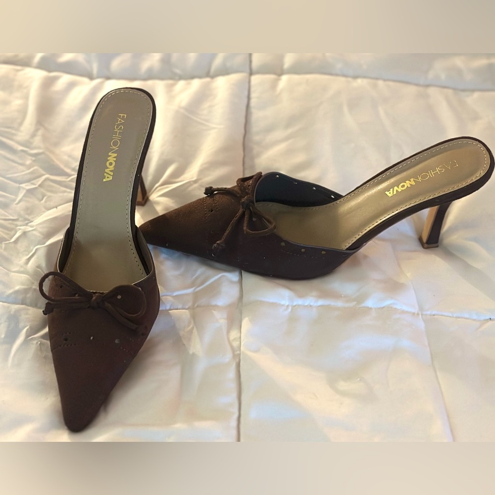 Faux Sued Brown Mini Heel Shoes